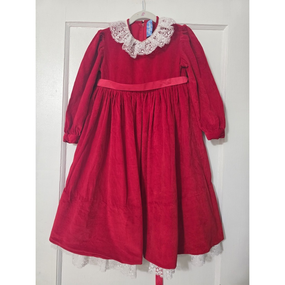 Vintage Red Velvet Party‎ Dress White Lace Trim Girls Handmade *Read*